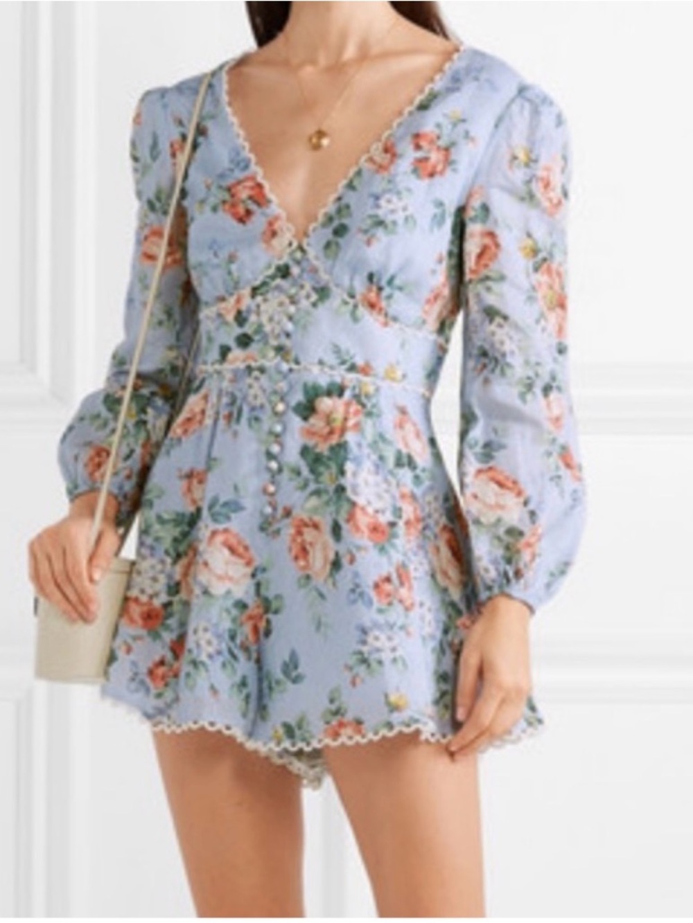 Zimmermann  Bowie linen playsuit Pale Blue Floral V-Neck Long Sleeve size 3